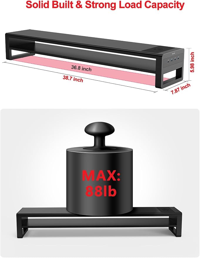 Vaydeer 2 Tiers Dual Monitor Stand Aluminum Monitor Riser with Wireless Charging and 4 USB 3.0 Hub Ports Metal Strong&Sturdy for PC Monitor Laptop Computer TV Printer Space Saving Desk Organizer