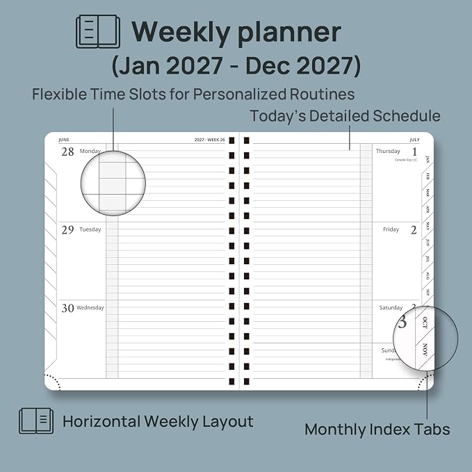 POPRUN 2027 Planner, 6.75" x 8.5" Weekly Calendar Book, Day Planner 2027