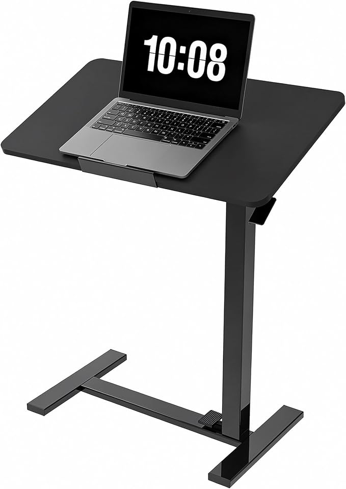 DUMOS Mobile Standing Desk, Bedside Table, Overbed Table | Adjustable Pneumatic Lift, Hidden Wheels, Portable Computer Cart, Bed Couch Office Sofa, Modern Black