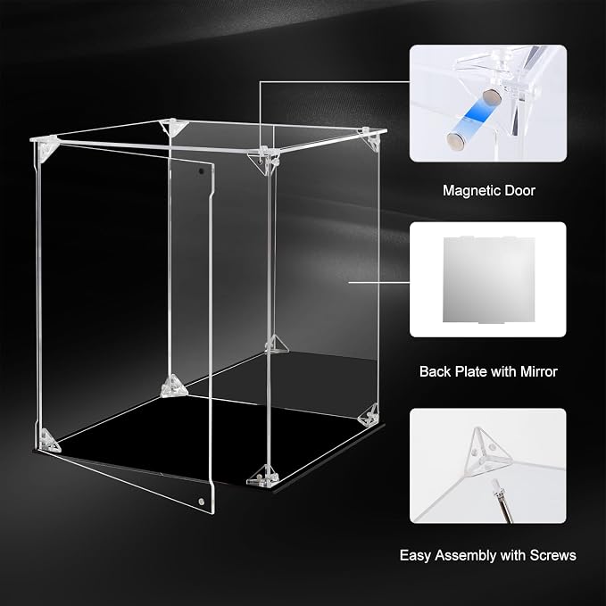 Acrylic Display Case Clear Action Figure Display Case with Mirrored Back, Dustproof Protection Display Box Alternative Glass Case for Collectibles Figures Models Doll Toys (10x10x12 inch; 25x25x30cm)
