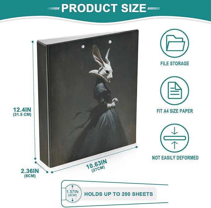 Dark Academia Vintage Rabbit Binder 3 Ring 1.5 Inch Binder with Clipboard&Pockets, Gothic Hardcover Binders Heavy Duty Large File Folder for Office School Supplies - Holds 200 Sheets, 2 Pack