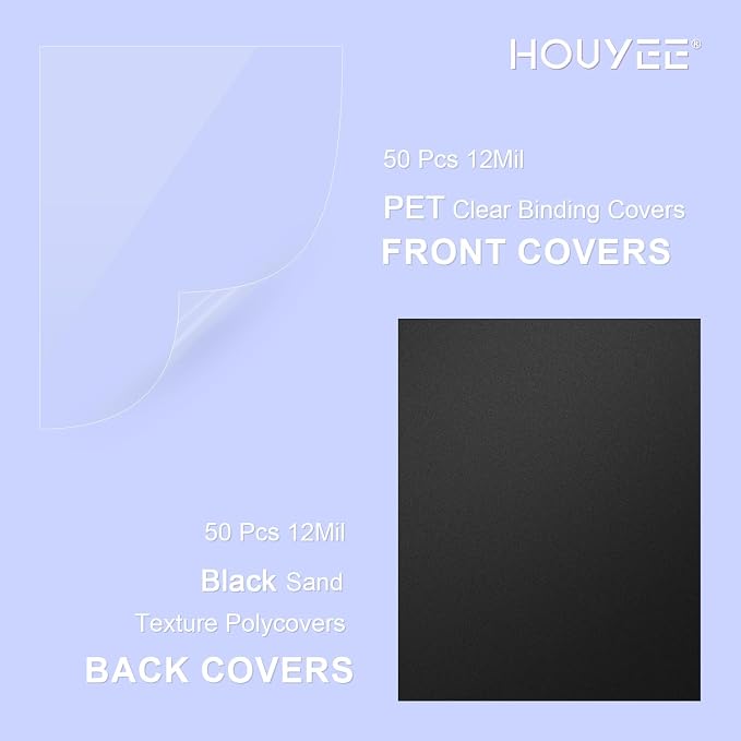 HOUYEE 100 Pack Binding Covers and Backs Set, 8.5x11 Inches, Letter Size | Including 50Pcs 12 Mil Ultra Clear PET Binding Covers, 50Pcs 12 Mil Black Plastic Sand Texture Polycovers, For Office School