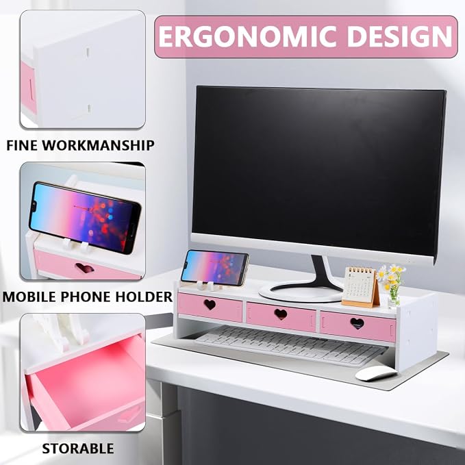 Pink Monitor Riser, Space-Saving Elevated Stand with Smooth Edges for Keyboard Storage, Ergonomic Desktop Organizer for Home & Office, 19.29x7.48x3.93In