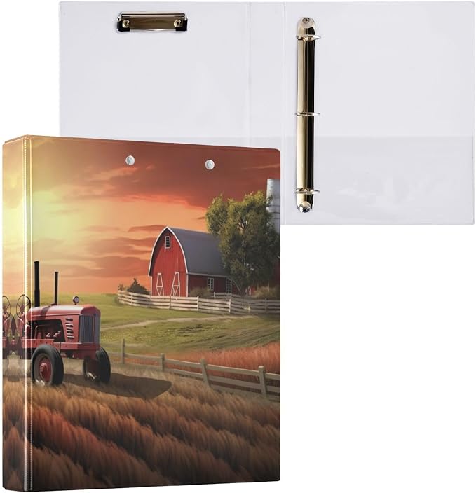 SPRIPORT Farmhouse Sunset House Tractor 1.5 Inch 3 Ring Binder Holds 200 Sheets for Office Supplies Durable PVC Round Ring Binder with Interior Clear Pockets Binder Organizer for Man Woman Home Work