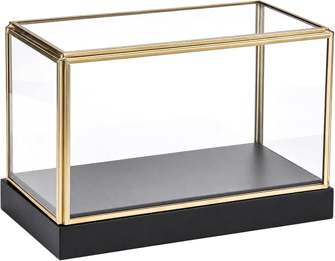 Hipiwe Glass Display Case for Collectibles Vintage Gold Display Case Box | Rectangular Glass Box for Figurine Models Plants Metal Frame Keepsake Box with Black Wood Base, 7.5"x4"x5"