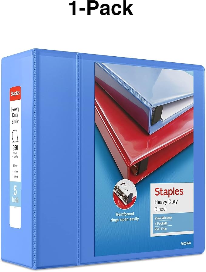 Staples Heavy-Duty 5-Inch D-Ring View Binder, Extra Large Capacity Holds Up to 1,000 Sheets, Periwinkle, for Office & Archiving