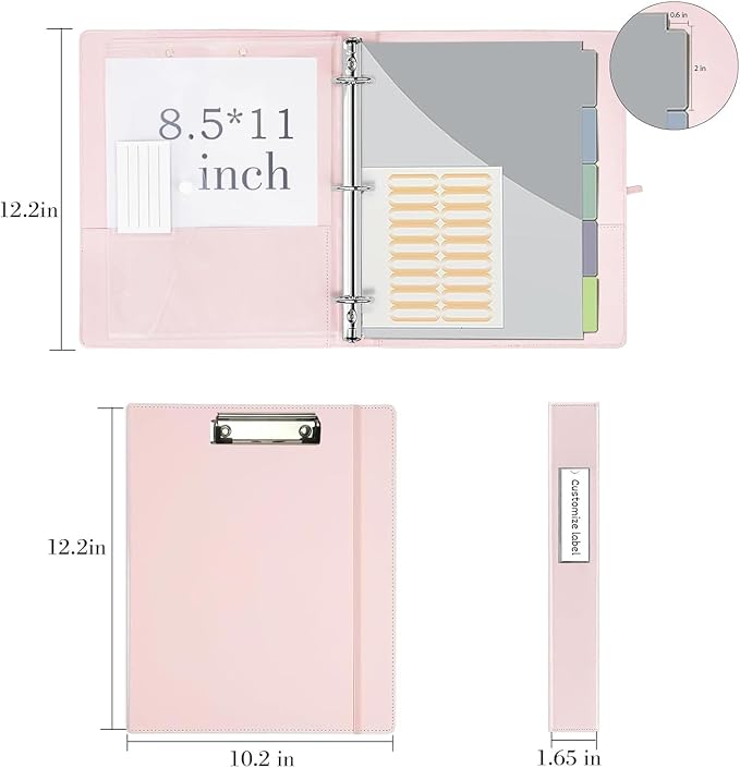 3 Ring Binder, 1 Inch Leather Binders with Clipboards, 5-Tabs Pockets Dividers, 18 Divider Stikers, Plastic Folder, Pen Holder, Three Ring Binder with Pen Holder(Pink, Letter Size)