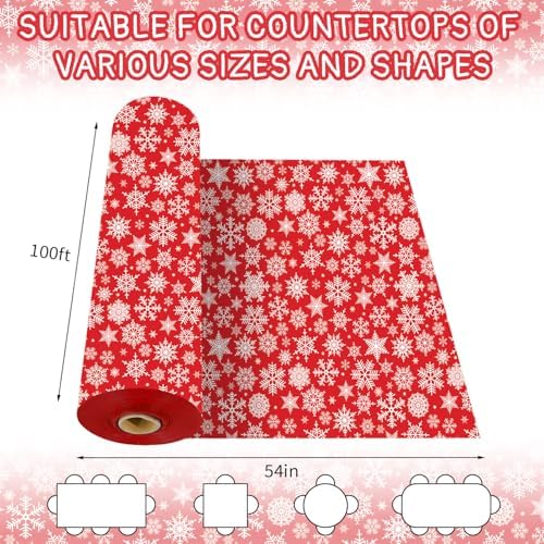 CXPSINC 54 Inch X 100 Feet Plastic Table Cover Roll Disposable Tablecloth with Slide Cutter for All Type/Shape Tables | Party, Banquet, Birthdays, Weddings(Christmas Red Snowflake, 100 Feet)