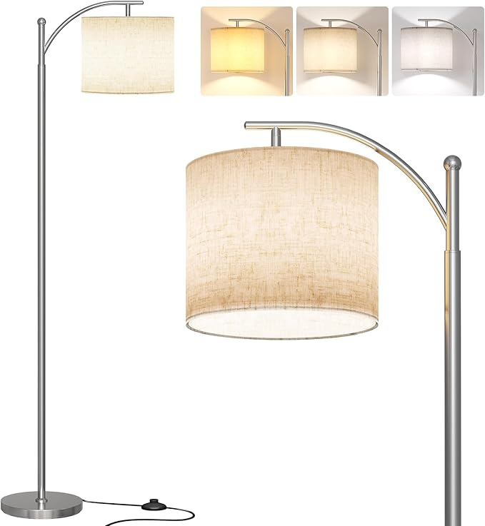 SUNMORY Arc Floor Lamp, Modern Floor Lamp with 9W 3 Color Temperatures Bulb | Metal Standing Lamps with Adjustable Hanging Lampshade,Tall Floor Lamps for Living Room,Bedroom, Office, Nickel