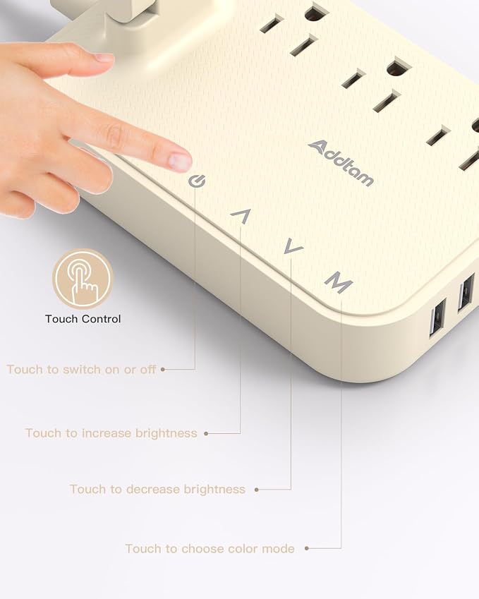 Addtam LED Desk Lamp, Power Strip with 3 Outlets 4 USB Charging Ports(2 USBC), 4 Modes 5 Level Brightness Touch Lamp, Small Desk Lamp for Home Office College Dorm Room Essentials, Cream