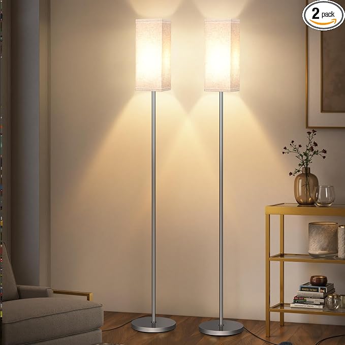 2Pack Floor Lamp, Pole with Foot Switch, Modern Standing Lamp Lamp, Minimalist Freestanding Lamp (Bulb Not Included), for Living Room, Bedroom Office ETL Listed, Silver and Beige SE07LDP205