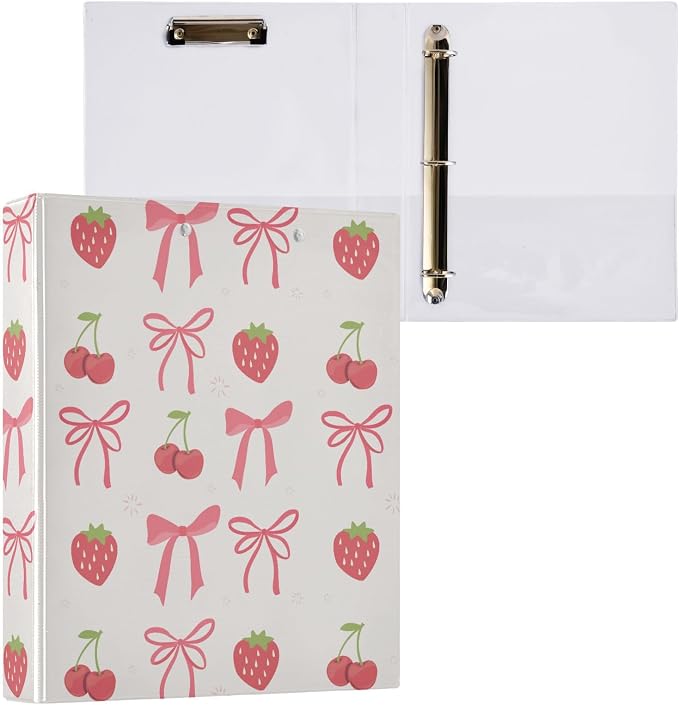 3 Ring Binder 1.5 Inch Red Cherry Bow and Strawberry Clipboards Binders with Interior Pockets Round Ring Binder for Office Supplies and School 1 Pack