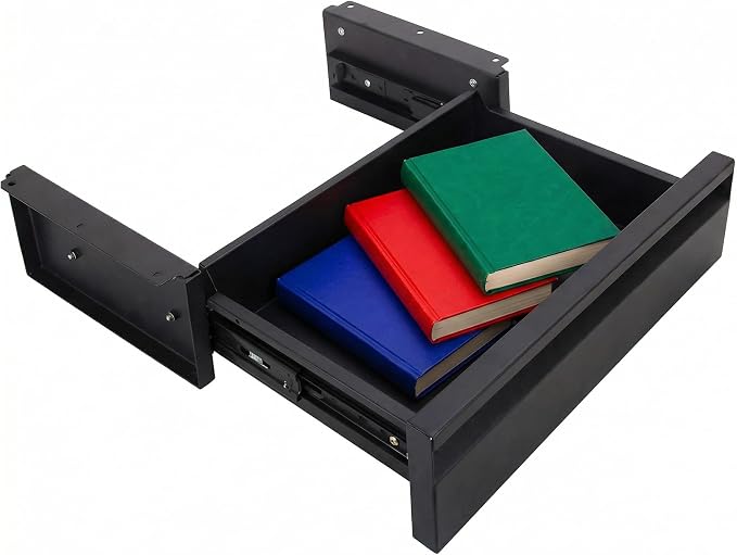 POPMOON 13.8 inch Under Desk Drawer, Steel Pull-Out Storage Organizer | Under Table Drawer with Smooth Slide Rails, Carbon Steel Undermount Drawer, Black Powder Coated, Hold 33 Lbs