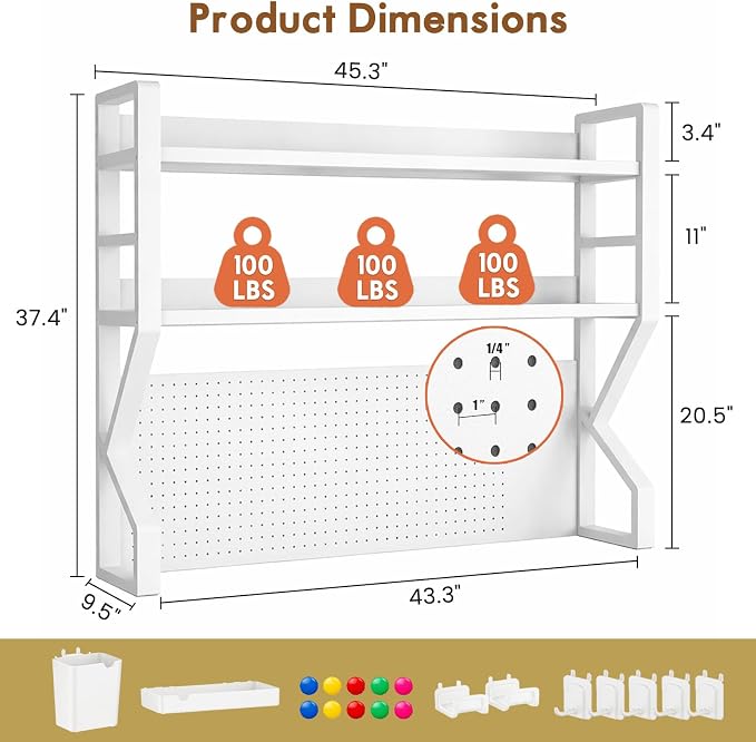 Lefedrasticity 3 Tier Desktop Bookshelf with Pegboard Desktop Organizer Shelf for Dorm Heavy-Duty Desk Shelf Organizer Desk Bookshelf for Office Dorm Room Gaming Desks (White, 45.3" L)