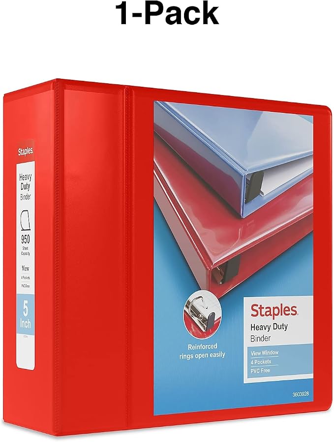 Staples Heavy-Duty 5-Inch D-Ring View Binder, Red, 1,000 Sheets | Extra-large capacity for office archiving and bulk document storage.