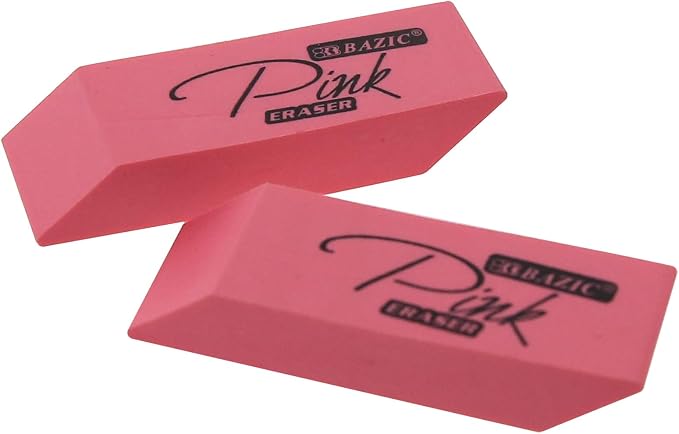 BAZIC Products Pink Eraser, Latex Free Bevel Block Erasers, Large Size for Classroom, Office, and Art Use, Smooth Pencil Correction for Writing, Sketching, & Daily Tasks, 4 Count (Pack of 4)