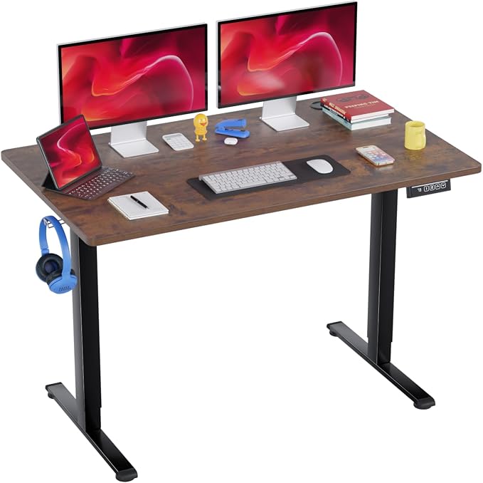 PayLessHere 48 Inch Electric Standing Desk Computer Desk with Large Space and Headphone Holder Office Desk with Electric Lifting and 2 Memory Function for Office Meeting Room,Brown