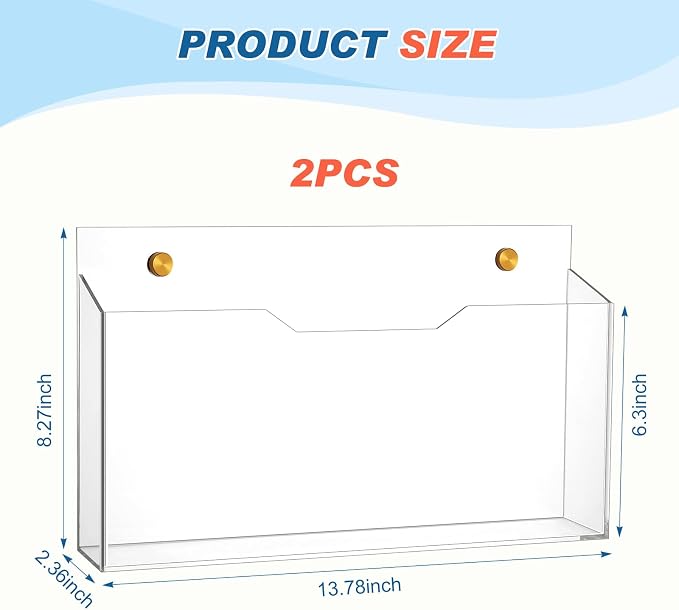 Feifeiya 2Pcs Clear Acrylic File Holder Wall Mount Mail Magazine Organizer File Holders with Screw Wall Office Document Storage Magazine Brochure(14"x8.3"x2.4",Widening Horizontal,Clear)