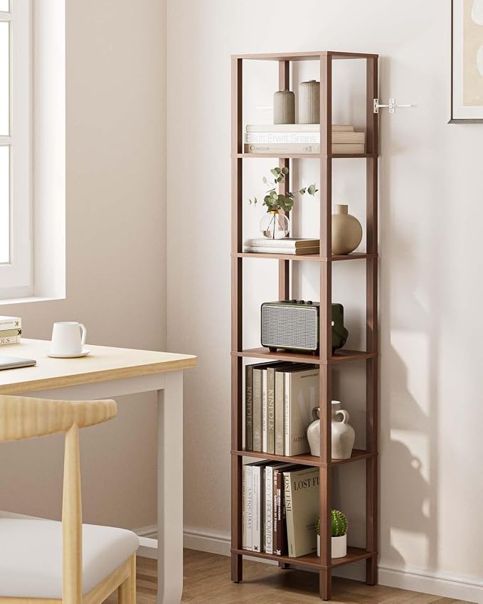 Open Book Shelf, 6 Tier Tall Bookshelf, Freestanding Shelf Narrow Bookcase with Open Shelves, 14.57" x 10.63" x 65.83", Book Shelves for Living Room, Office, Study, Walnut