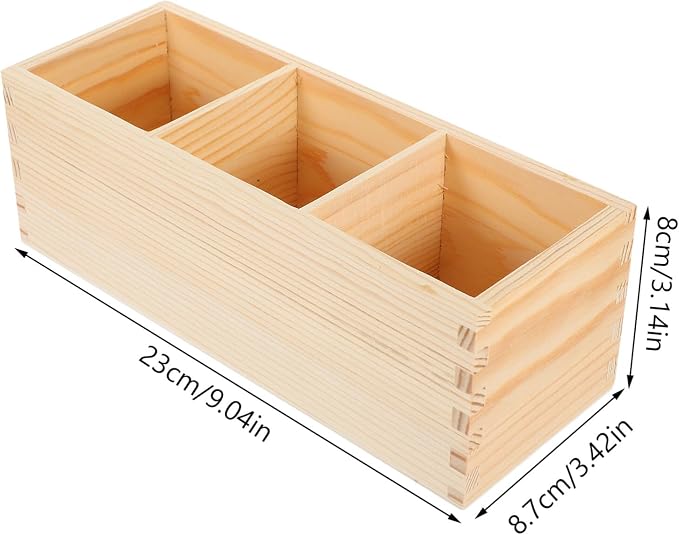 EXCEART Pine Wood Pen Holder Desktop Organizer with 3 Compartments for Office Desk Accessories and Makeup Brush Storage 9.25X3.22X3.07 Inches