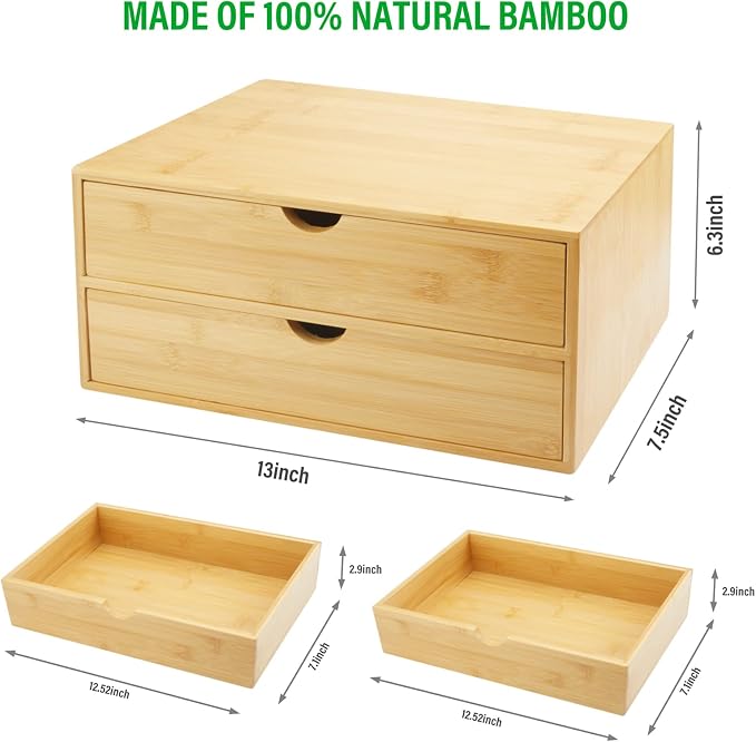 Charmewooden Bamboo Desk Organizer with Drawers, Countertop Organizer with Drawers Makeup Storage Drawer 2 Drawers Tabletop Storage Organization Box Home Office Workspace Bathroom Toiletries Supplies