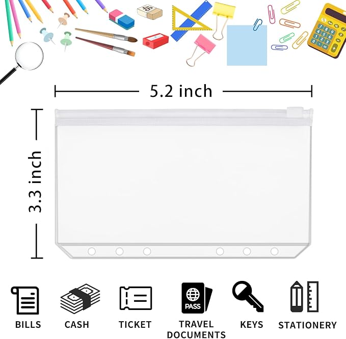 30pcs A7 Mini Binder Pocket Clear Budget Planner Inserts Zipper Pouch Bulk Binder Organizer Cash Envelopes for Budgeting Waterproof PVC Loose Leaf Bags Card Sleeves for 6 Ring Notebook