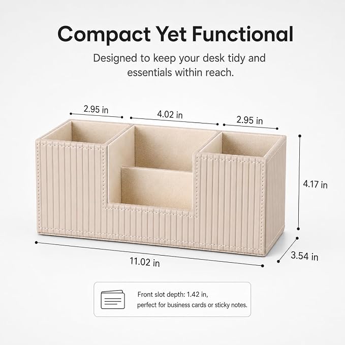 GORESE Pen Holder for Desk, Leather Small Desk Organizer for Office, Beige | 4-Compartment, Vegan Leather, Office Supplies, Desk Caddy Nightstand Organizer for Pen, Pencil, Remote Control, Business Card
