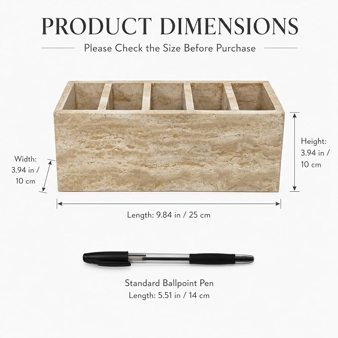 Travertine Desk Organizer, 5-Compartment Pen & Brush Holder | for Pens, Makeup Brushes, and Office Desk Decor, 9.84 x 3.94 x 3.94 in