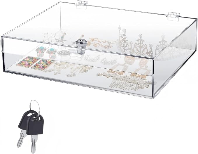 Clear Acrylic Locking Display Case with Keys Large Medication Lock Box Snack Fridge Lock Acrylic Figure Display Case Storage Box for Collectibles Figures Jewelry Toy (12" X 8" X 2.76")