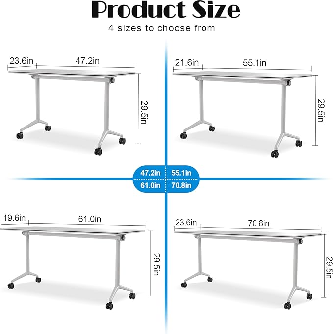 Conference Table Flip Top Mobile Conference Room Tables,Folding Conference Table with Wheels,Large Meeting Training Seminar Table Saving Space for Office Classroom (4, White, 55.1'')