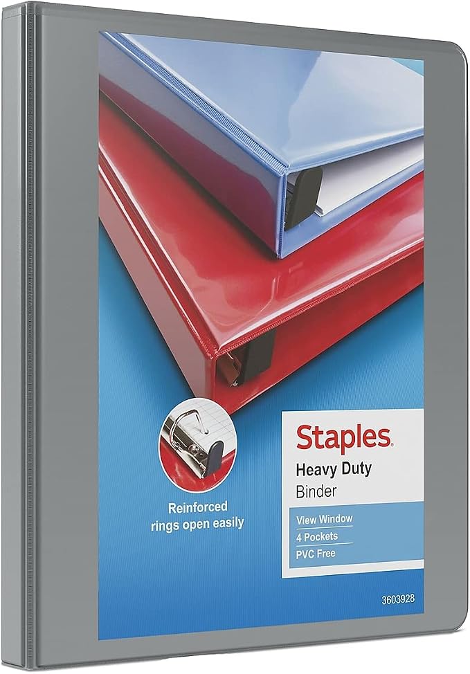 Staples Heavy-Duty 1/2 Inch 3-Ring View Binders, Gray, Holds Up to 100 Sheets, Durable D-Ring Binders for School & Office, 3 Pack