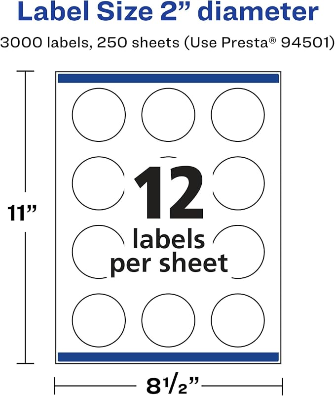 Avery® Matte White Round Labels, Sure Feed® Technology, 2" Diameter, 3,000 Matte White Printable Labels