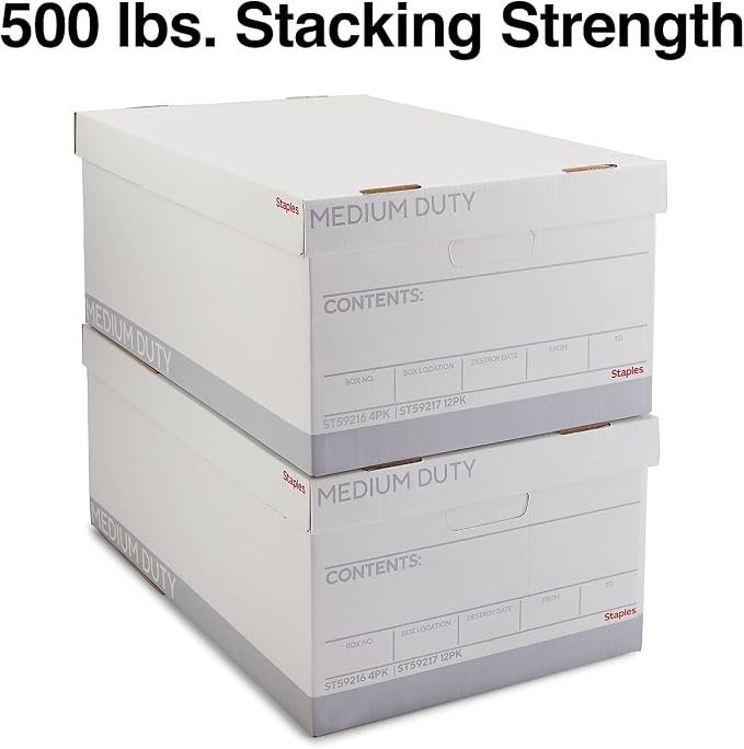 Staples Medium Duty File Box, Lift-Off Lid, Legal, 12/Carton