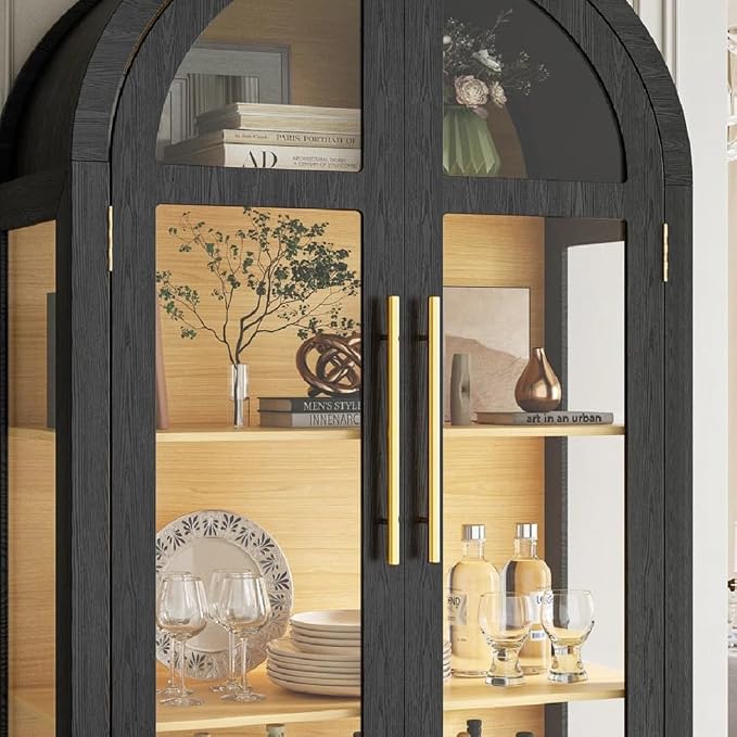 Arched Curio Cabinet with Glass Doors, 4-Tier Display Cabinet with 2 Drawers, Tall Bookcase with 3 Color Lights, Display Case, Kitchen Pantry, Black+Wood