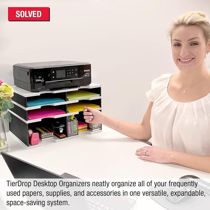 Ultimate Office TierDrop Desktop Organizer Sorter, 4 Slot + Riser, 2-Wide | Riser base lifts trays for easy access to lower slots and stores supplies underneath; sorts mail, forms, paperwork