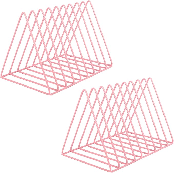 Vinyl Record Holder Storage, 9 Slot Metal Magazine Book Album Display Rack, Stylish Triangle Desktop File Sorter Organizer for Home Office, Pink Pack of 2