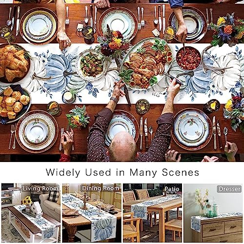 Fall Table Runner White Blue Pumpkin Table Runners Harvest Thanksgiving Blue Eucalyptus Leaves Cotton Linen Dresser Scarf Kitchen Dining Table Decor for Autumn Holiday Party Coffee 13x72 Inch