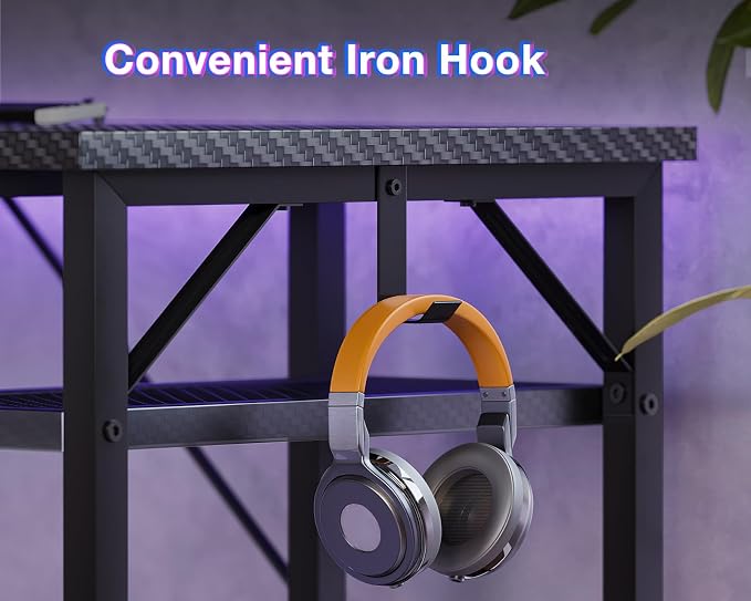 ODK 61 Inch L Shaped Gaming Desk with Hutch & Headphone Hook | Black Corner Computer Table with LED Light and Storage Shelves for Home Office