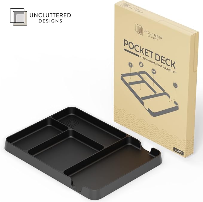 Pocket Deck Valet Tray (Black) for Men. Everyday Carry EDC Caddy Bamboo Organizer. Perfect for Night Stand, Bedside, Dresser, Desk, Office, Bedroom. with Phone Charger. Storage Slots for Wallet, Keys