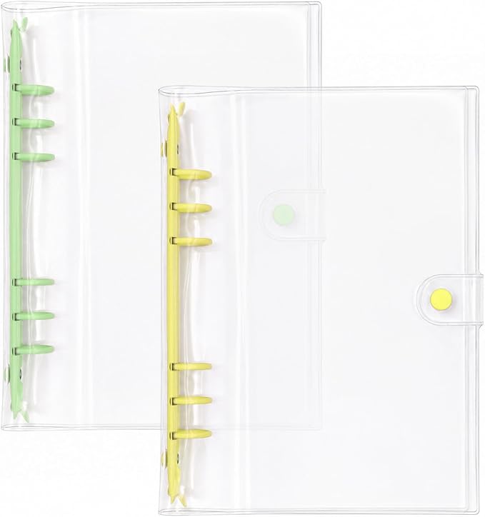 A5 Binder 6 Ring, Clear PVC Notebook Cover, Refillable Planner | Loose Leaf Budget Binder with Snap Button Closure, Round Ring Binder for School Office Home, 2 Pack, Green and Yellow