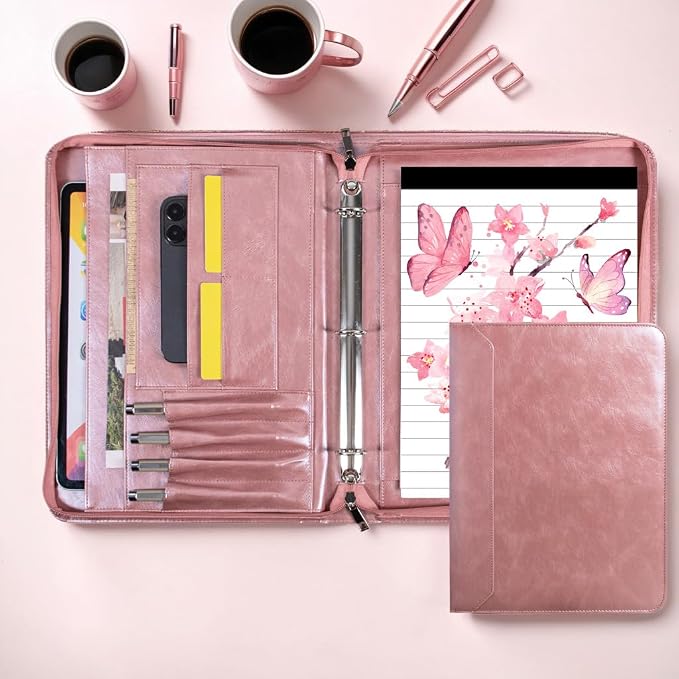 Rose Gold Padfolio,Vegan Leather Portfolio for Women,3-Ring Binder with Zipper, A4 Planner Binder with Laptop Pocket,Legal Size Portfolio,WorkBinder Organizer for Women and Girls