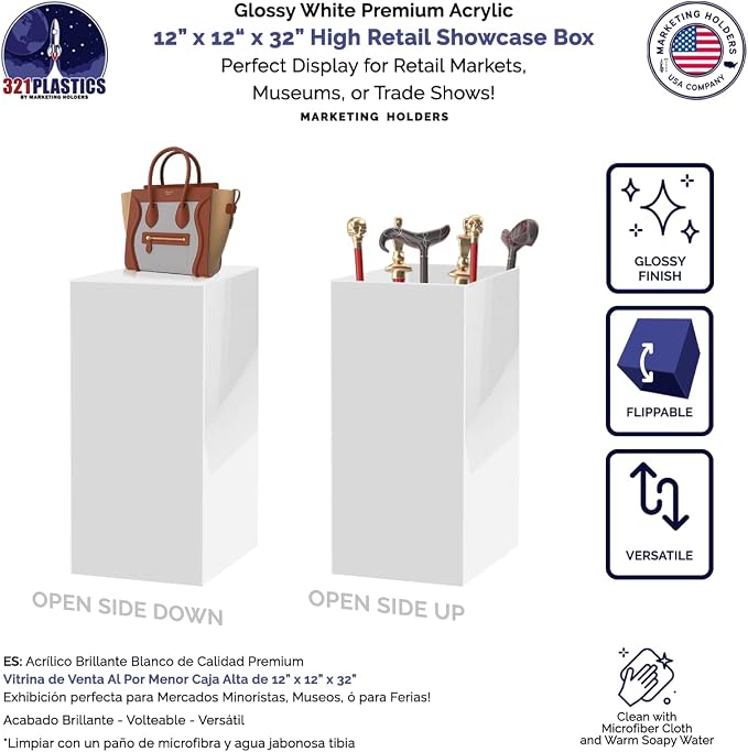 Marketing Holders 4 Pack 12" x 12" x 32" Tall Box Pedestal Stand Glossy White 5 Sided Lucite Flower Tower Column or Product and Merchandise Platform