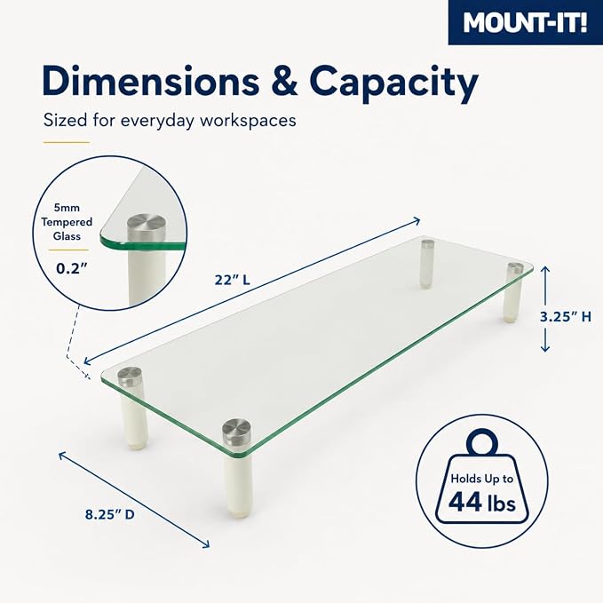 Mount-It! Glass Desktop Monitor Stand Riser, 22", 44 lbs | Raised laptop stand and organizer, clear tempered glass, supports computer screens and office desk supplies.