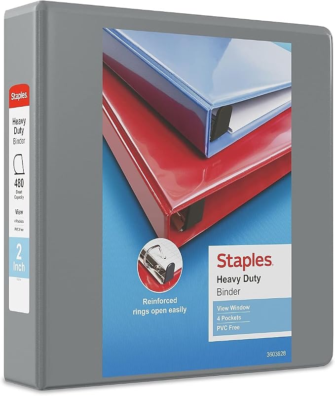 Staples Heavy-Duty 2-Inch D-Ring View Binder, Gray, 450 Sheets | Reinforced spine for durable everyday use in office and school settings.