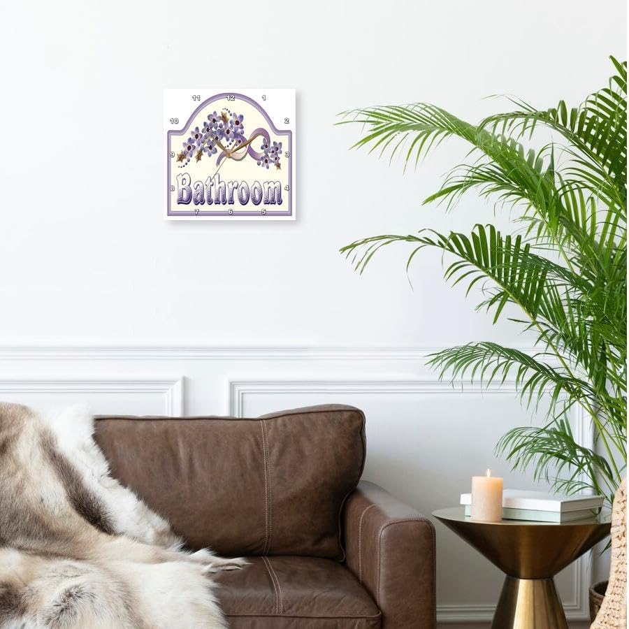 3dRose Wall Clock Silent - 10 inch - Vintage Violet Bathroom Sign - Vintage