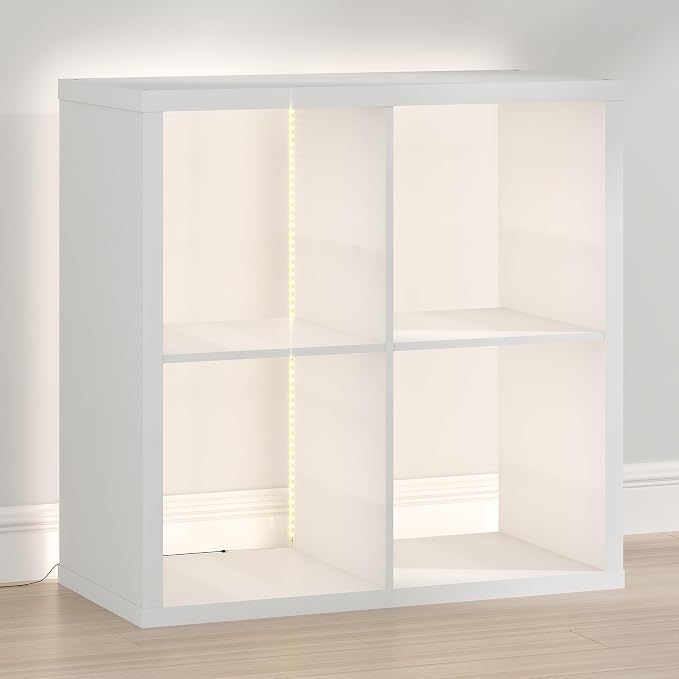 Furinno Cubicle Book Shelf with LED Lights, 4-Cube Bookshelf, Reversible Extra Thick Frame Bookcase, Display Storage Shelves, for Living Room, Bedroom, Home Office, White