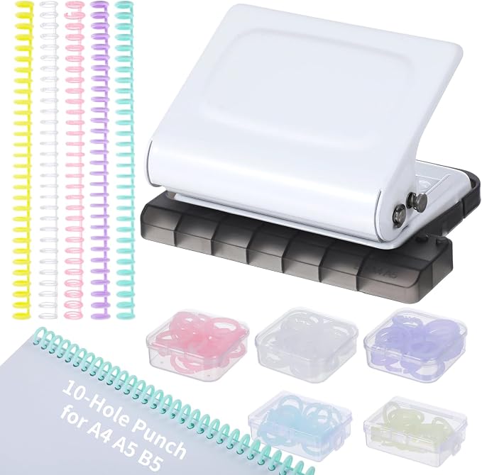 10-Hole Binder Machine Kit, Manual Binding System with 10 Pcs Loose Leaf Binding Spines & 100 Pcs Binder Rings, Binding Machine for Planner, 26 Holes on B5, 30 Holes on A4, 20 Holes on A5
