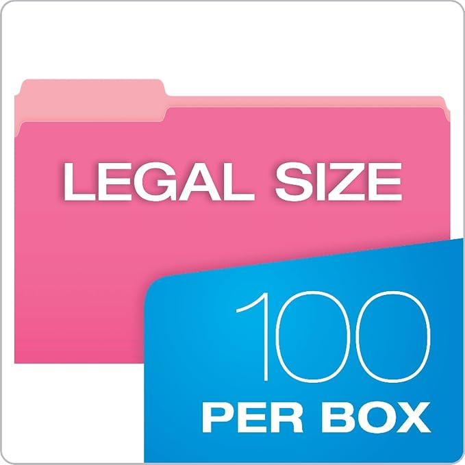 Pendaflex Two-Tone Color File Folders, Legal Size, Pink, 1/3 Cut, 100/BX (153 PIN) | Pink folders, 11 pt stock. Legal size file folders with a lighter interior that shows a misfile before it costs you time.
