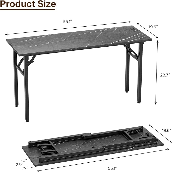 TEMI Small Computer Desk Folding Table - No Assembly, Compact 55.1" Foldable Desk with Power Outlets & USB Charging Port, Portable Small Office Desk, Ideal Mini Study Table, Marble Greige
