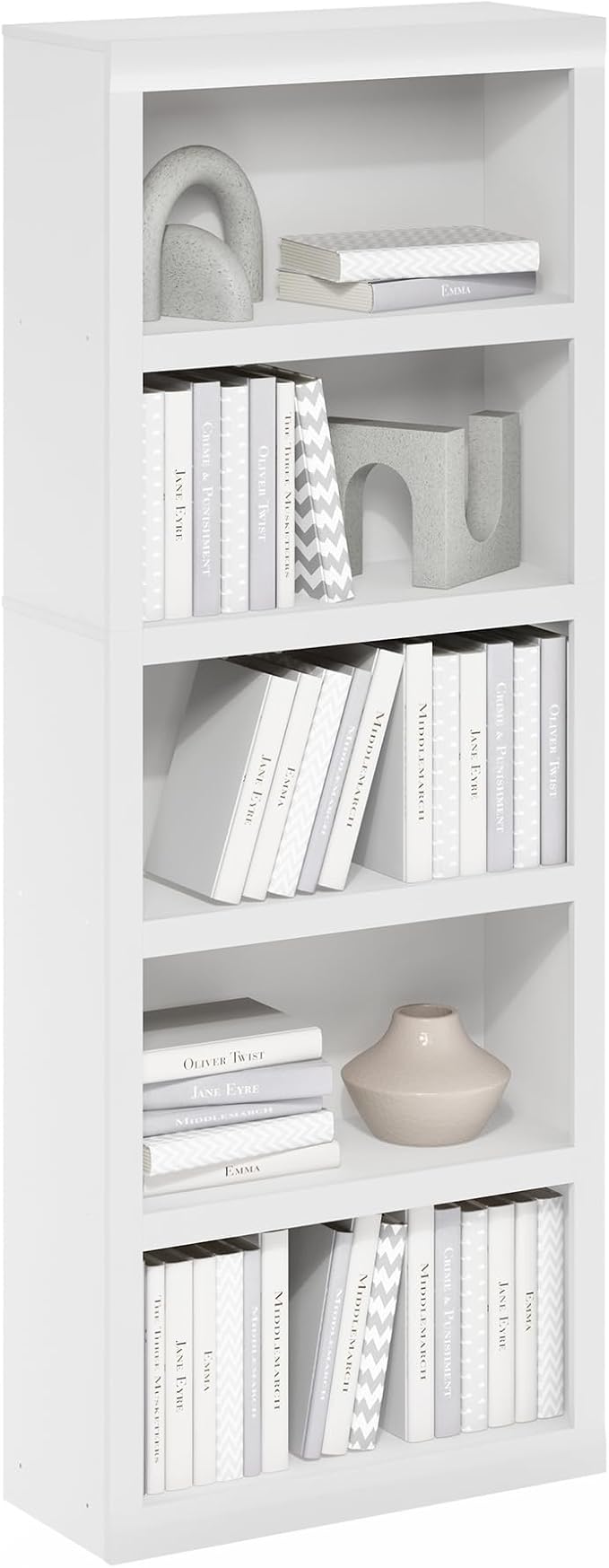 Furinno Rail 5-Tier Book Shelf with Open Shelf, White | 10 x 24.6 x 63.5, Classic Style, Bookshelf, Bookcase, for Organization and Storage, for Living Room, Bedroom, Home Office